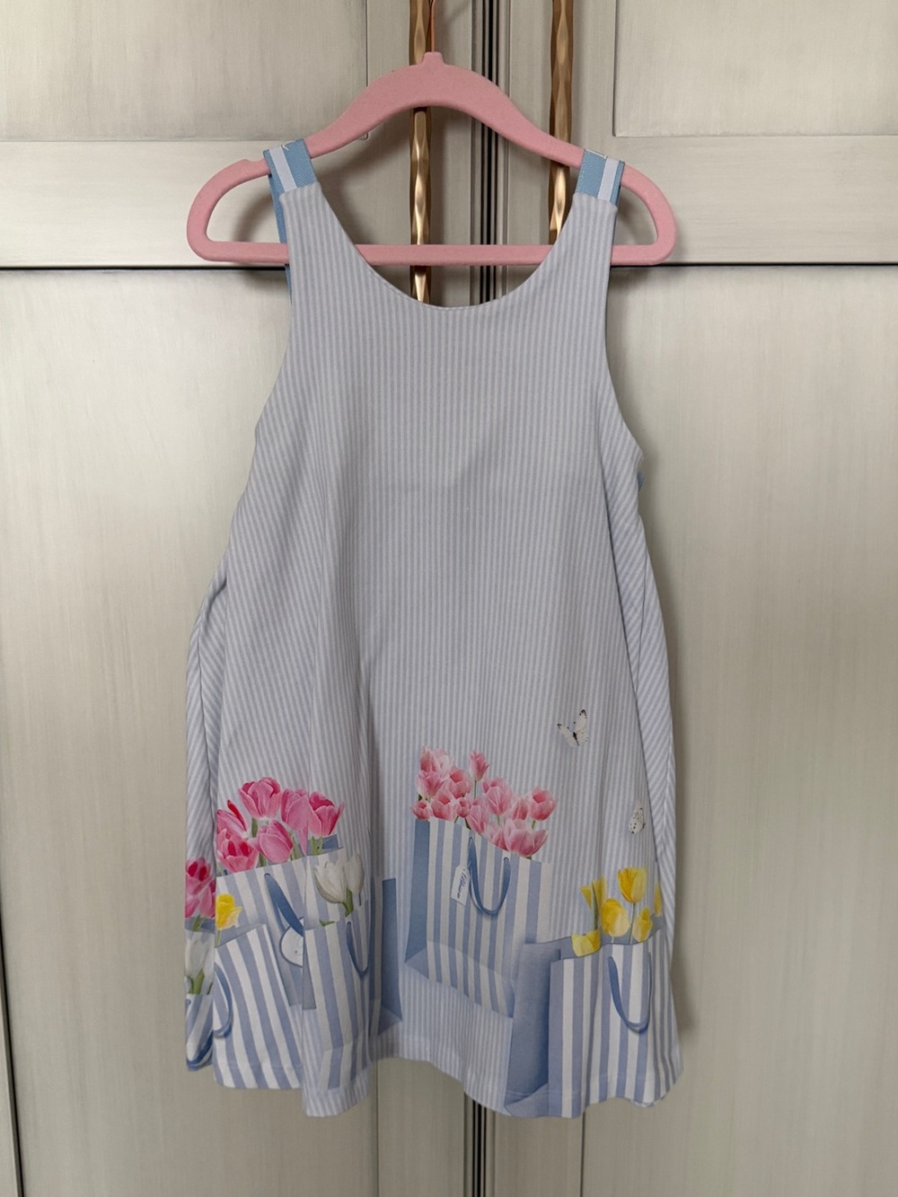 Girls Light Blue Striped Floral Shopper Dress